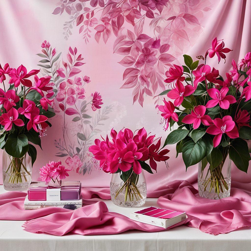 A beautifully arranged botanical display of vibrant fuchsia flowers, intertwined with luxurious fabric swatches showcasing modern fashion styles. In the background, a serene wellness environment with crystals and natural elements enhancing the peaceful vibe. Soft pastel colors with a touch of elegance and sophistication. painting. vibrant colors.