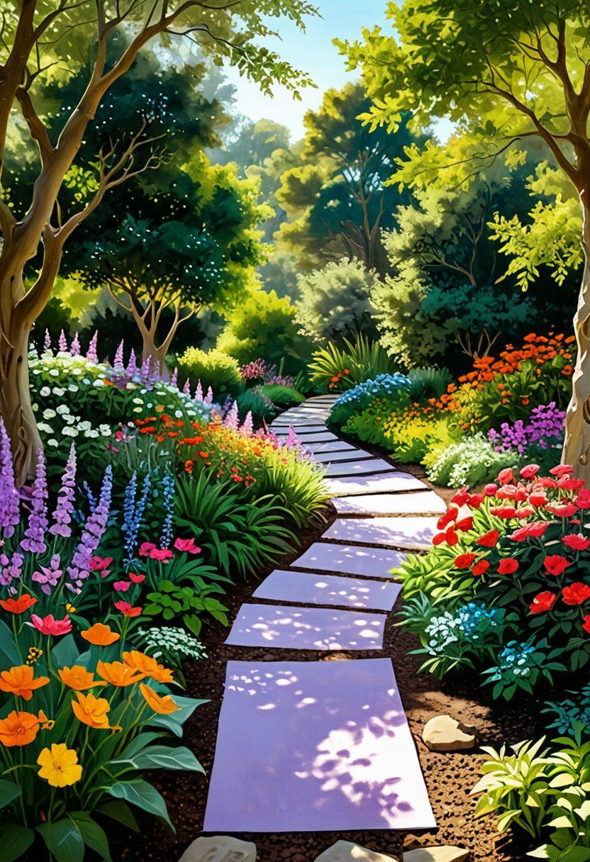 A serene pathway leading to a beautiful garden filled with vibrant flowers and wellness symbols like yoga mats and essential oils. An inspiring figure practicing yoga with a glow around them, radiating confidence and beauty. Soft sunlight filtering through the trees, adding warmth to the scene. Incorporate elements of beauty such as skincare products elegantly placed nearby. whimsical painting. vibrant colors. soft focus.