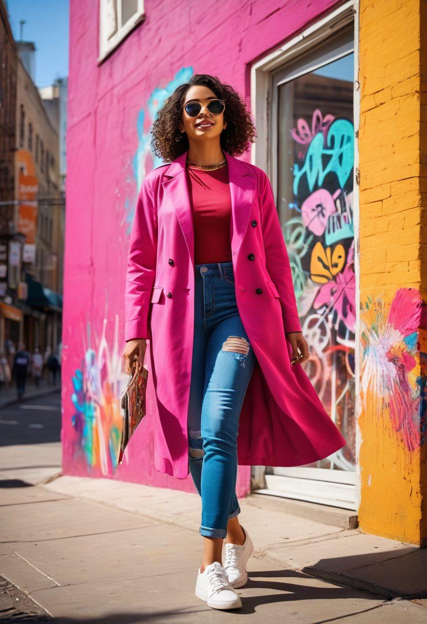 A vibrant and stylish woman dressed in fuchsia attire, confidently strutting down a city street adorned with colorful street art. Surround her with elements symbolizing self-improvement such as journals, paintbrushes, and mirrors reflecting personal growth. Include a warm, sunny backdrop that enhances the lively atmosphere of creativity and self-expression. super-realistic. vibrant colors. urban setting.